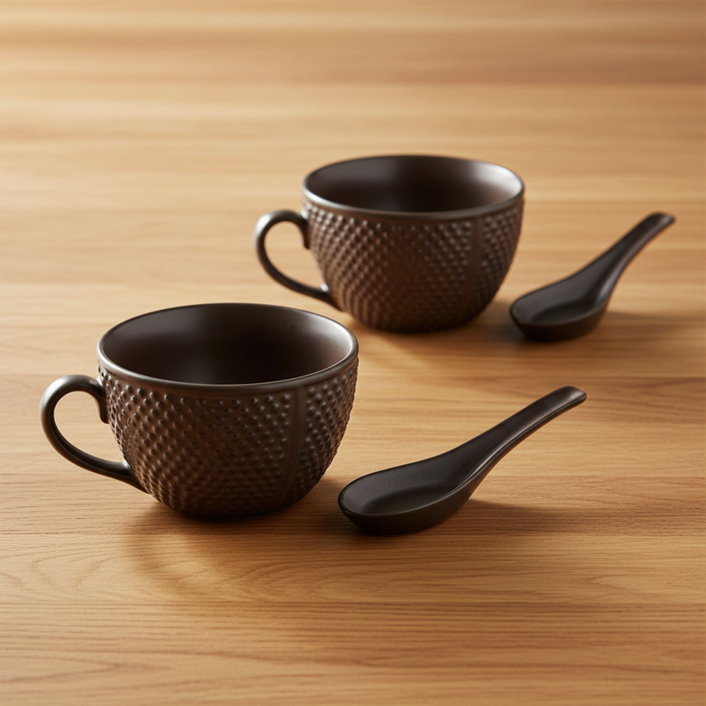 Caffeine Ceramic Handmade Brown Bubble Single Handled Soup Bowl (Set of 2)