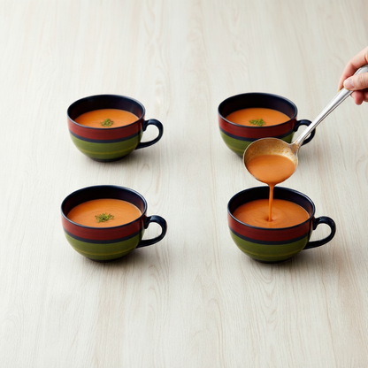 Caffeine Ceramic Handmade Green Chandrakari Single Handled Soup Bowl with Spoon set of 4