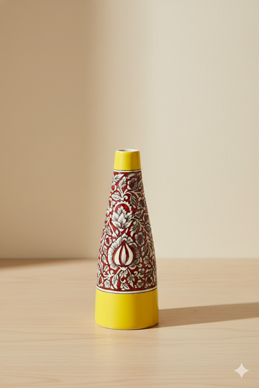 Decorative bottle with yellow top and red and white patterned body on a beige background